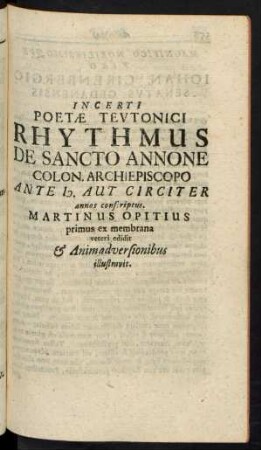 Incerti Poetae Teutonici Rhythmus De Sancto Annone Colon. Archiepiscopo ...