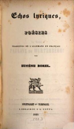 Echos Lyriques : Poesies traduites de l'Allemand en Français par E. Borel