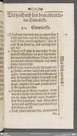 Verzeichniß der beantworteten Einwürfe. 30. Einwürffe