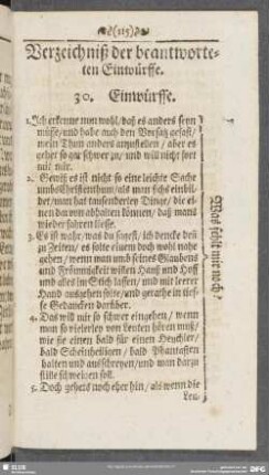 Verzeichniß der beantworteten Einwürfe. 30. Einwürffe