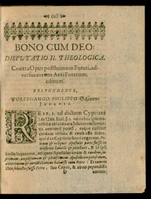 Disputatio II. Theologica, ... Respondente, Wolffgango Philippo Schapern/ Jenensi.