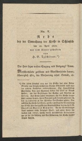 No. V. Rede bey der Einweihung der Kirche in Schönfeld den 16. April 1820. vor dem Altare gehalten von H. G. Tzschirner