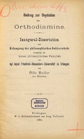 Beitrag zur Oxydation der Orthodiamine