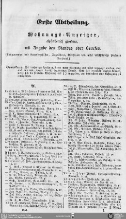 Einwohnerverzeichnis : Erste Abtheilung. Wohnungs-Anzeiger, alphabetisch geordnet, mit Angabe des Standes oder Berufes