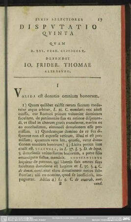 Disputatio Quinta Quam D. XVI. Febr. MDCCLX. Defendit Io. Frider. Thomae Altenburg