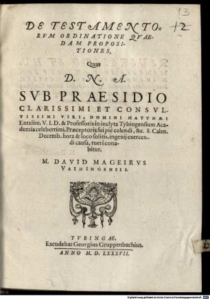 De testamentorum ordinatione quaedam propositiones