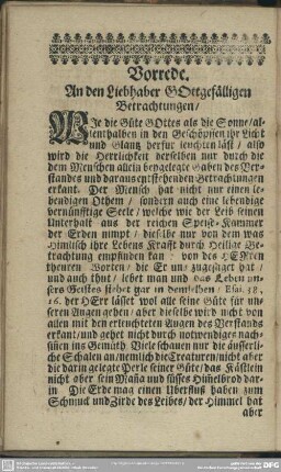 Vorrede. An den Liebhaber Gottgefälligen Betrachtungen