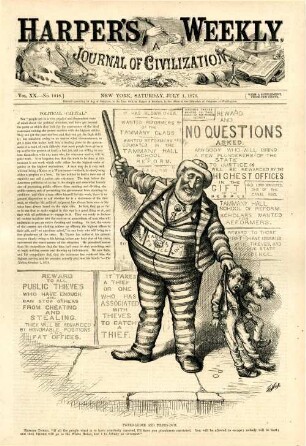 Tweed-le-dee and Tilden-dum. Reform Tweed. "If all the people want is to have somebody arrested, I'll have you plunders convicted. You will be allowed to escape; nobody will be hurt; and then Tilden will go to the White House, and I to Albany as Governor." : Tweed verhaftet zwei kleine Jungen als Diebe. [In der Zeichnung befinden sich mehrere Textblöcke]