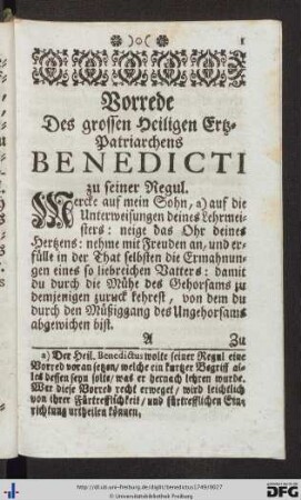 Vorrede des grossen Heiligen Ertz-Patriarchens Benedicti zu seiner Regul.