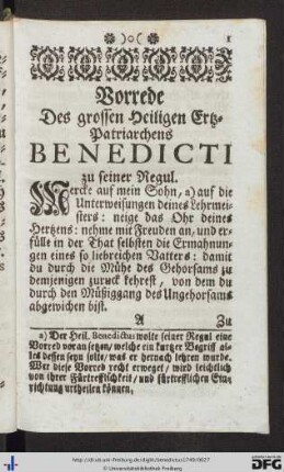 Vorrede des grossen Heiligen Ertz-Patriarchens Benedicti zu seiner Regul.