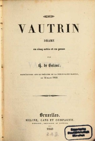 Vautrin : drame en cinq actes et en prose