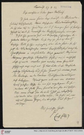 Nachlass Gustav Radbruch. Korrespondenz Ernst Fuchs/Gustav Radbruch: Brief von Ernst Fuchs an Gustav Radbruch