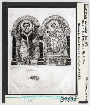 Einsiedeln, Stiftsbibliothek, Cod. 167, fol. 1: Bischof Braulio und Bischof Isidor. Einsiedeln, 2. Hälfte 10. Jhd.