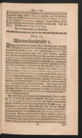 Num. 17. Allerdurchlauchtigster [et]c.