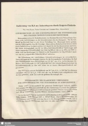 Entfernung von H2S aus Industriegasen durch Koppers-Feinkoks