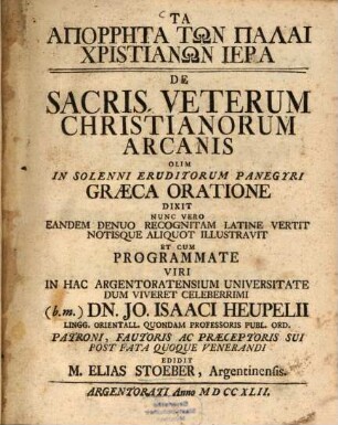 Ta Aporrēta Tōn Palai Christianōn Hiera : = De Sacris Veterum Christianorum Arcanis