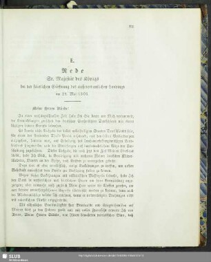 E. Rede Sr. Majestät des Königs bei der feierlichen Eröffnung des außerordentlichen Landtags am 28. Mai 1866