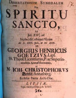 Disserationem synodalem de Spiritu Sancto, ad Joh. XIV, 26