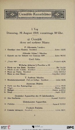 I. Tag. Gemälde, Kunstblätter (Nr. 1-243)