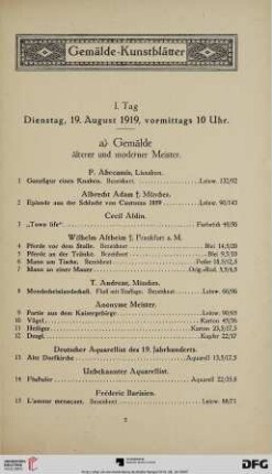 I. Tag. Gemälde, Kunstblätter (Nr. 1-243)