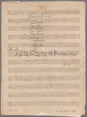Symphonies, orch, org, BenP 128/1, C-Dur, Excerpts - BSB Mus.Schott.Ha 149 : [title page:] Graduale in C. // à // Due Violini // Due Oboi // Alta Viola // Due Corni // Due Clarini // Timpani // Violoncello // ed // Organo [Incipit vl 1: "Allo molto"] del Sigre Pleyel