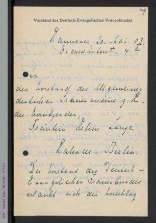 Brief des Deutschen-Evangelischen Frauenbundes an den Vorstand des ADF
