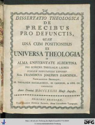 Dissertatio Theologica De Precibus Pro Defunctis