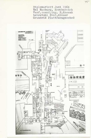Uni Hamburg Kernbereich (Diplomarbeit bei Willy Kreuer): Auditorium, Verwaltung, Rektorat, Studentenhaus, Mensa, Bühne, Öffentlichkeit, Grundriss Plattformgeschoss 1:200