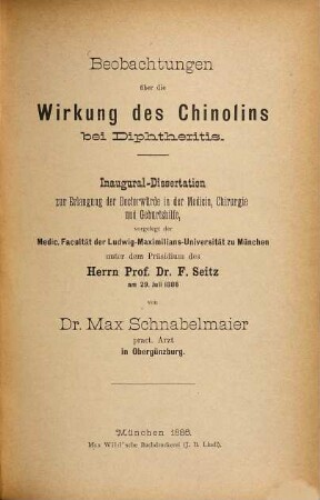 Beobachtungen über die Wirkung des Chinolins bei Diphtheritis : Inaugural-Dissertation