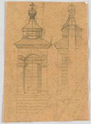 Thiersch, August ; Eichstätt (Bayern); Ev. Kirche und Pfarrhaus - Turm (Teilansicht, Schnitt)