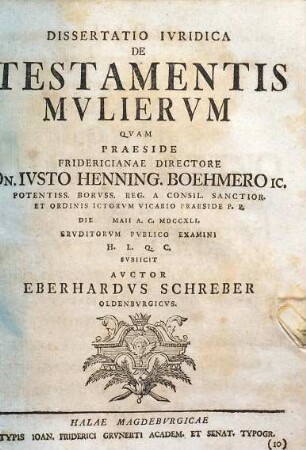 Dissertatio Ivridica De Testamentis Mvliervm