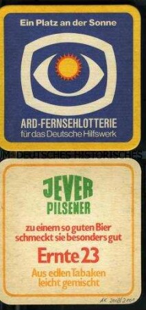 Bierdeckel mit Werbeaufdruck für "Ernte 23"-Zigaretten, "Jever Pilsener" und die "ARD-Fernsehlotterie"