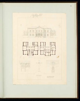 Schulhaus Monatskonkurrenz Oktober 1849: Grundriss Erdgeschoss, Obergeschoss, Aufriss Straßenansicht, Details; Fassadenschmuck, Dachkreuz, Portalbogen; 3 Maßstabsleisten