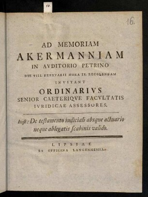 I-XII, Ad Memoriam Akermanniam