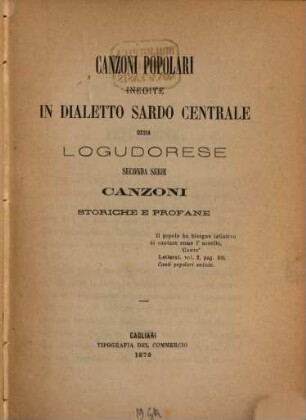 Canzoni popolari inedite in dialetto Sardo centrale ossia Logudorese, Seconda Serie