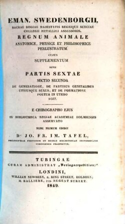 Regnum animale anatomice, physice et philosopice perlustratum : E chirographo ejus in biblioth. regiae academiae Holmiensis asservato nunc primum edidit Jo. Fr. Im. Tafel. 6,2, De generatione, de partibus genitalibus utriusque sexus, et de formatione foetus in utero agit