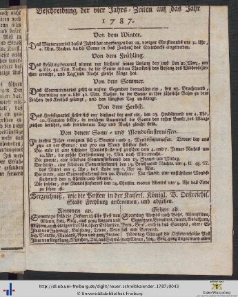 Verzeichnis, wie die Posten in der Kaiserl. Königl. V. Oestreichis. Stadt Freyburg ankommen, und abgehen.