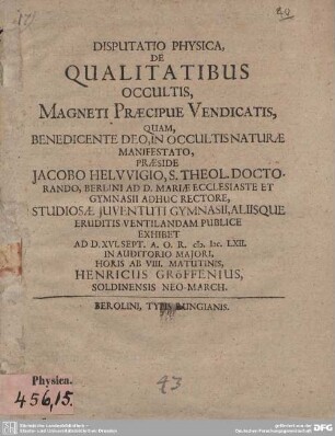 Disputatio Physica, De Qualitatibus Occultis, Magneti Praecipue Vendicatis
