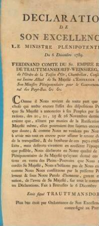 Declaration De Son Excellence Le Ministre Plenipotentaire. Du 6 Decembre 1789