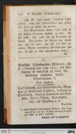 V. Badische Schulmeister-Wittwen-Fisci-Ordnung vom Jahr 1792, mit Beifügung der immittelst zu deren Erläuterung erlassenen Fürstl. Verordnungen