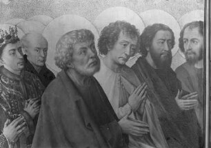 Linker Altarflügel, Detail: Herzog Philipp der Gute, Nicolas Rolin und Apostel