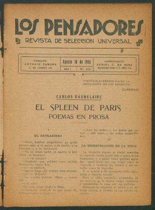 1922001900: El spleen de París : poemas en prosa ; [poemas I - XLI]