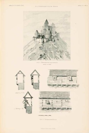 Hohkönigsburg im Elsass, Oschweiler Wiederherstellung: Perspektivische Ansicht von Osten, Wehrgang (aus: Atlas zur Zeitschrift für Bauwesen, hrsg. v. Ministerium der öffentlichen Arbeiten, Jg. 51, 1901)