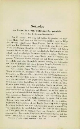 Nekrolog des Grafen Karl von Waldburg-Syrgenstein