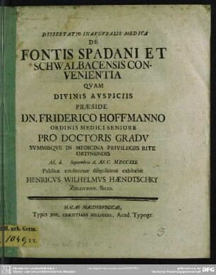 Dissertatio Inauguralis Medica De Fontis Spadani Et Schwalbacensis Convenientia
