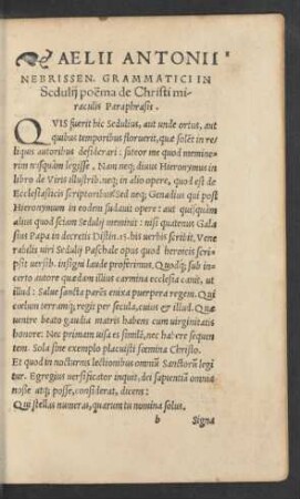 Aelii Antonii Nebrissen. Grammatici In Sedulii poema de Christi miraculis Paraphrasis.