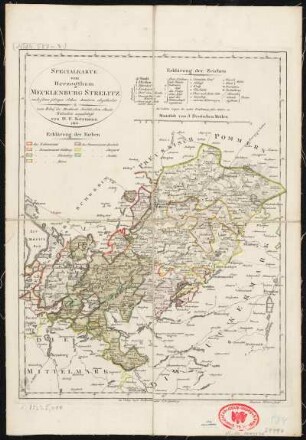 Ämterkarte vom Herzogtum Mecklenburg-Strelitz, ca. 1:330 000, Radierung, 1805 : Specialkarte vom Herzogthum Mecklenburg-Strelitz nach seinen jetzigen Sieben Aemtern abgetheilet / zum Behuf des Mecklenb.-Strelitzschen Staats-Kalenders angefertigt von D. F. Sotzmann. Abraham Kliewer sculp.. - [Circa 1:330 000]. - [S.l.] : G. F. Spalding , 1805. - 1 Kt. : Radierung ; 25 x 33 cm. - Maßstab in graphischer Form (Deutsche Meilen). - Mit Zeichenerklärung. - Ämterkarte. - Nullmeridian: Ferro