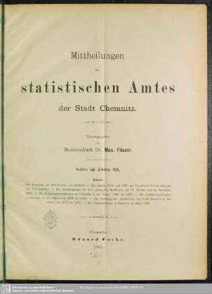 6/7.1885: Mittheilungen des Statistischen Amtes der Stadt Chemnitz