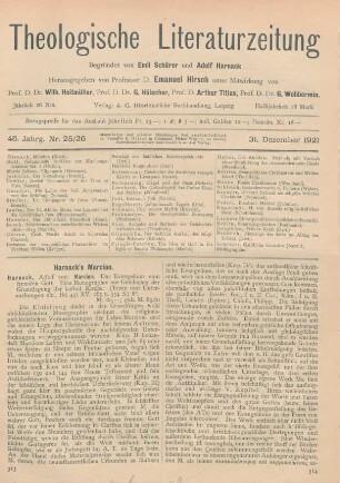 313-316 [Rezension] Harnack, Adolf von, Marcion: Das Evangelium vom fremden Gott. Eine Monographie zur Geschichte der Grundlegung der katholischen Kirche