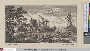 [Ein Hafen mit Stadttor im Hintergrund links; A port, town-gate in left background]